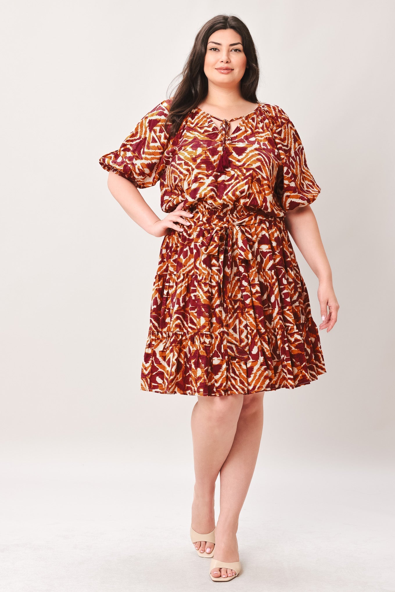 Flora Harmony Woven Mini Dress in ivory rust, view 2 — Soul Flow Apparel