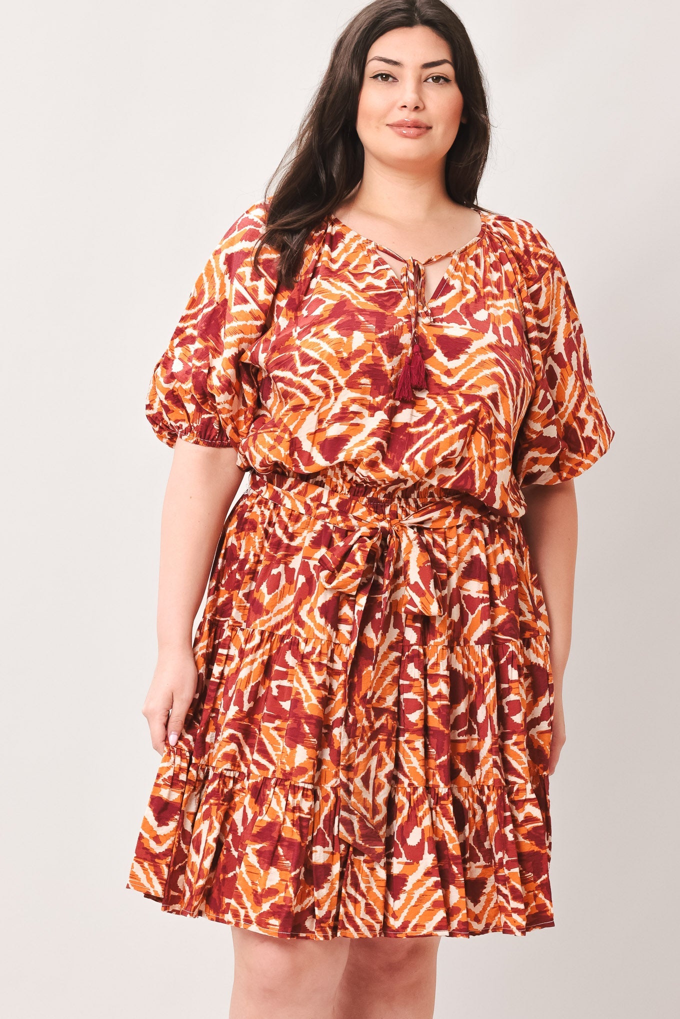 Flora Harmony Woven Mini Dress in ivory rust, view 3 — Soul Flow Apparel