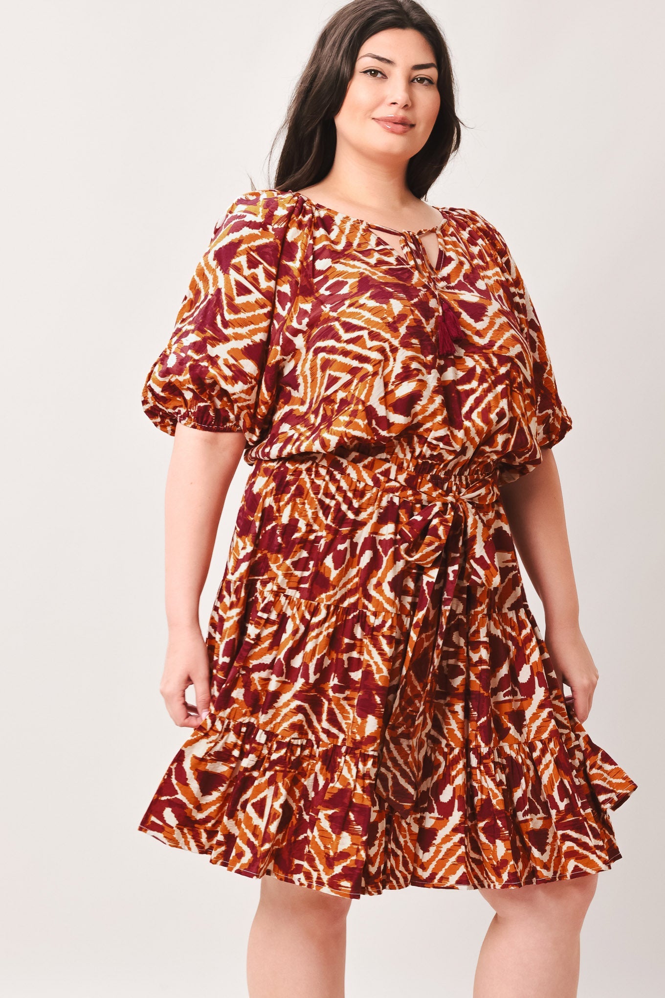 Flora Harmony Woven Mini Dress in ivory rust, view 4 — Soul Flow Apparel