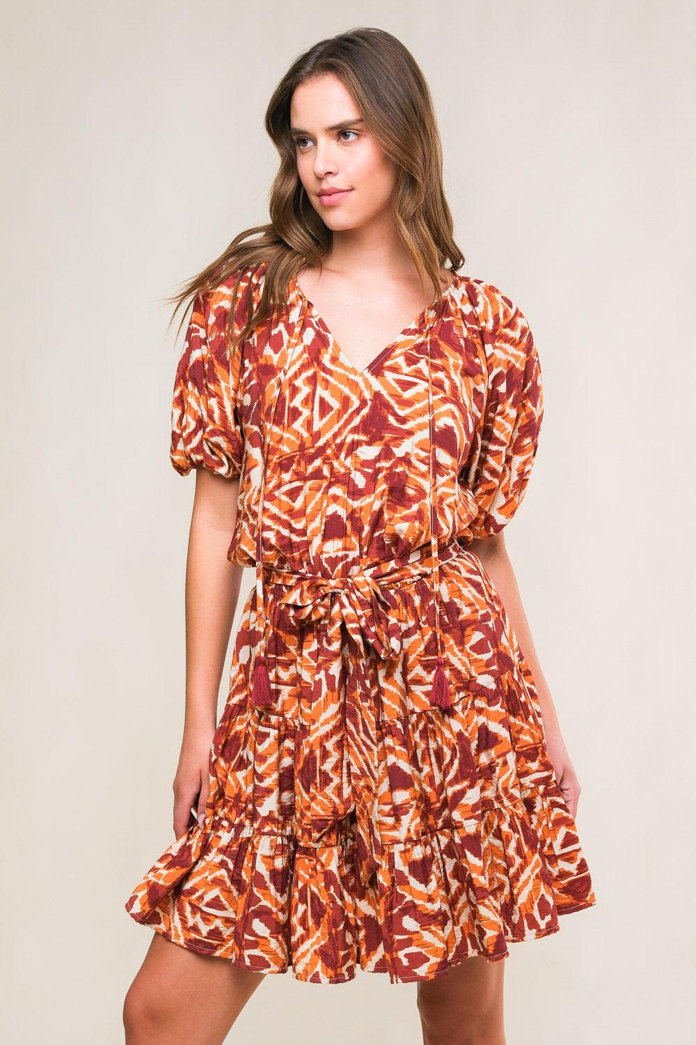 Flora Harmony Woven Mini Dress in ivory rust, view 1 — Soul Flow Apparel