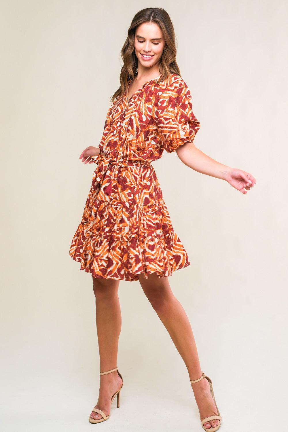 Flora Harmony Woven Mini Dress in ivory rust, view 3 — Soul Flow Apparel