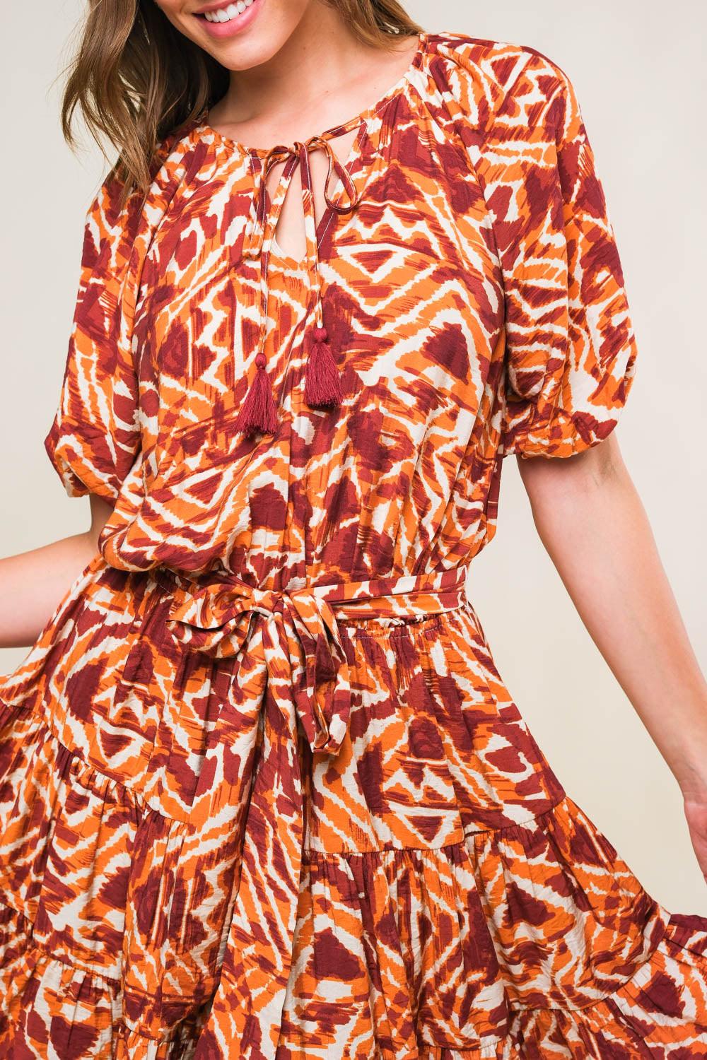 Flora Harmony Woven Mini Dress in ivory rust, view 4 — Soul Flow Apparel