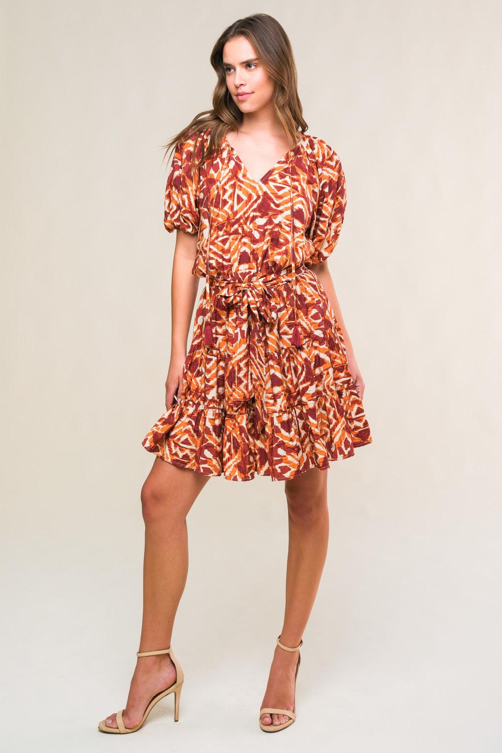 Flora Harmony Woven Mini Dress in ivory rust, view 5 — Soul Flow Apparel