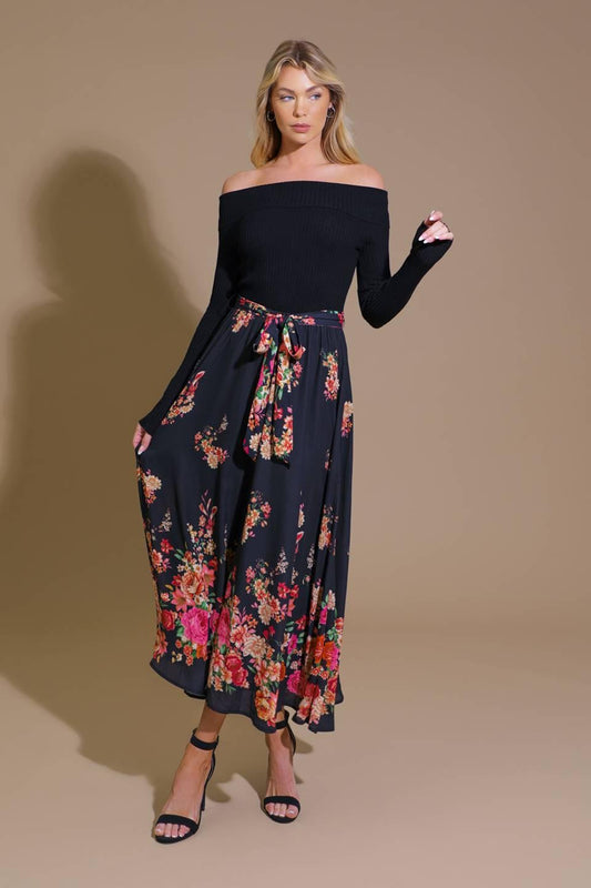 Morning Song Sweater Woven Midi Dress in black, view 1 — Soul Flow Apparel