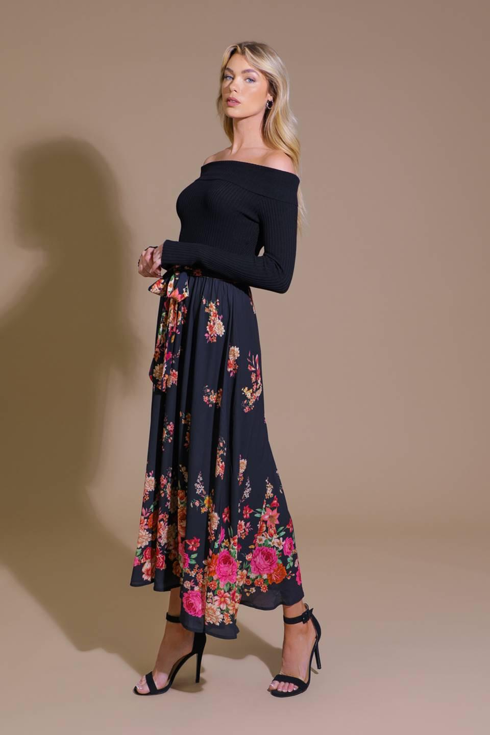 Morning Song Sweater Woven Midi Dress in black, view 3 — Soul Flow Apparel