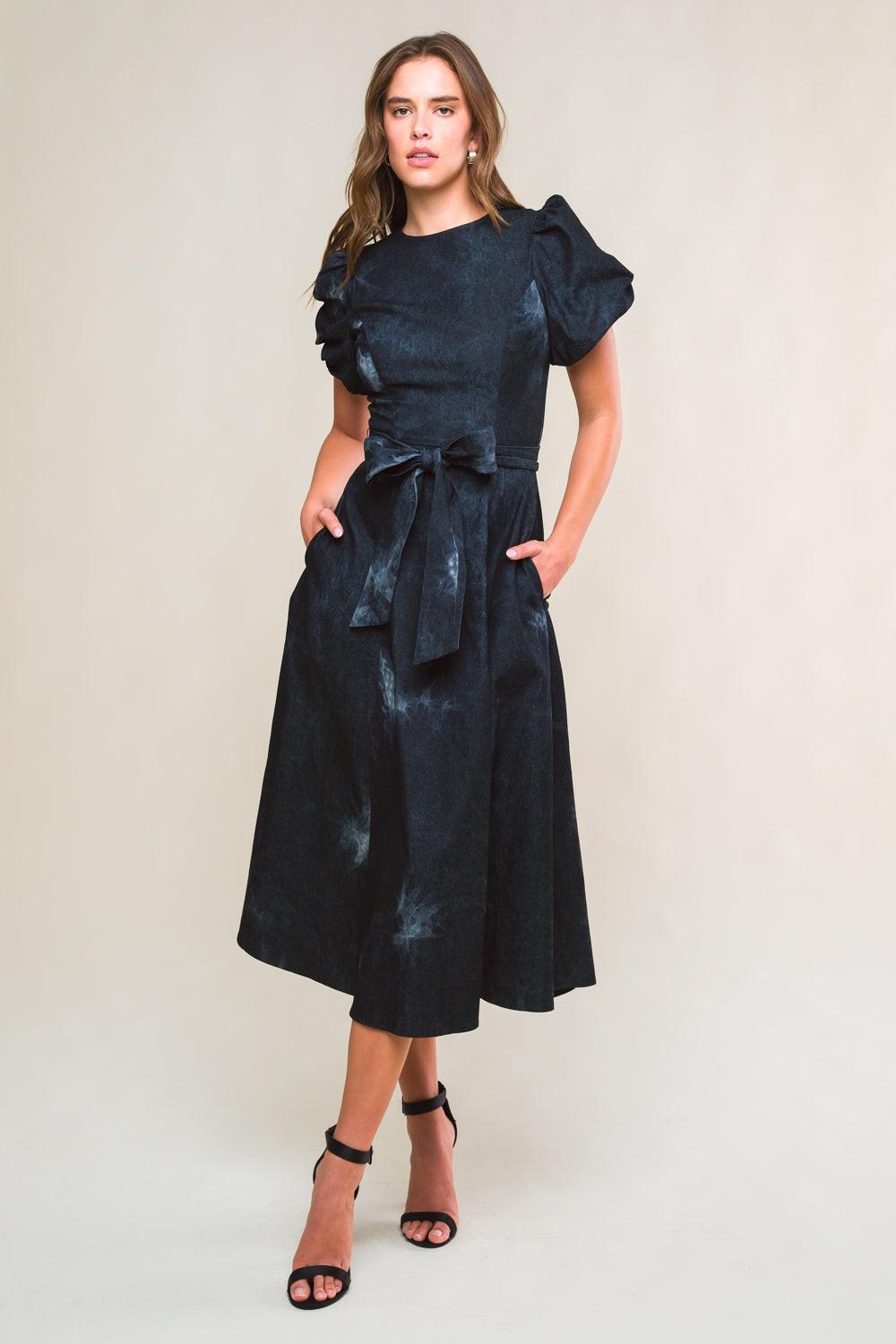 Garden Grace Twill Midi Dress in black denim, view 1 — Soul Flow Apparel