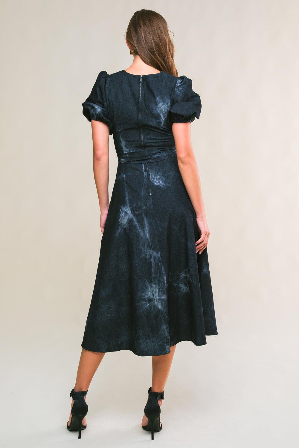 Garden Grace Twill Midi Dress in black denim, view 2 — Soul Flow Apparel