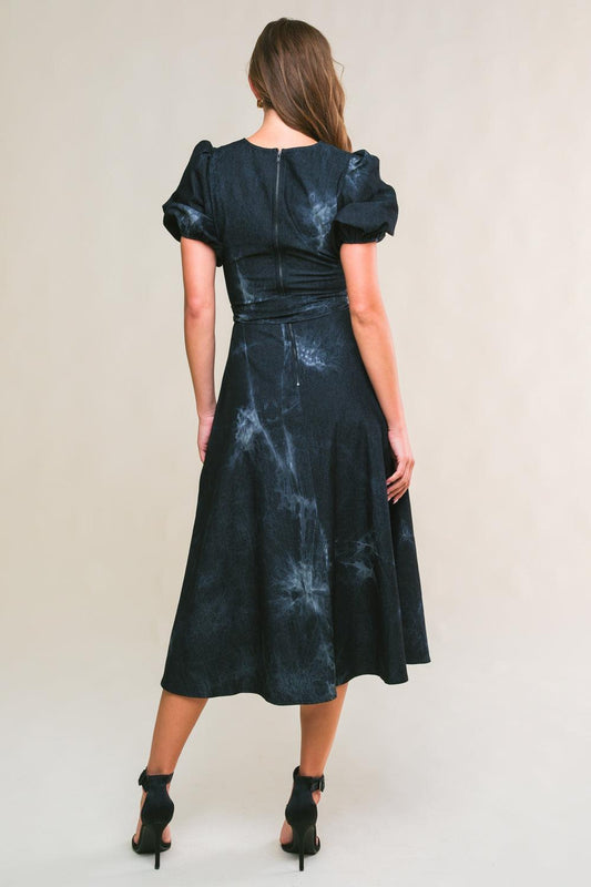 Garden Grace Twill Midi Dress in black denim, view 2 — Soul Flow Apparel