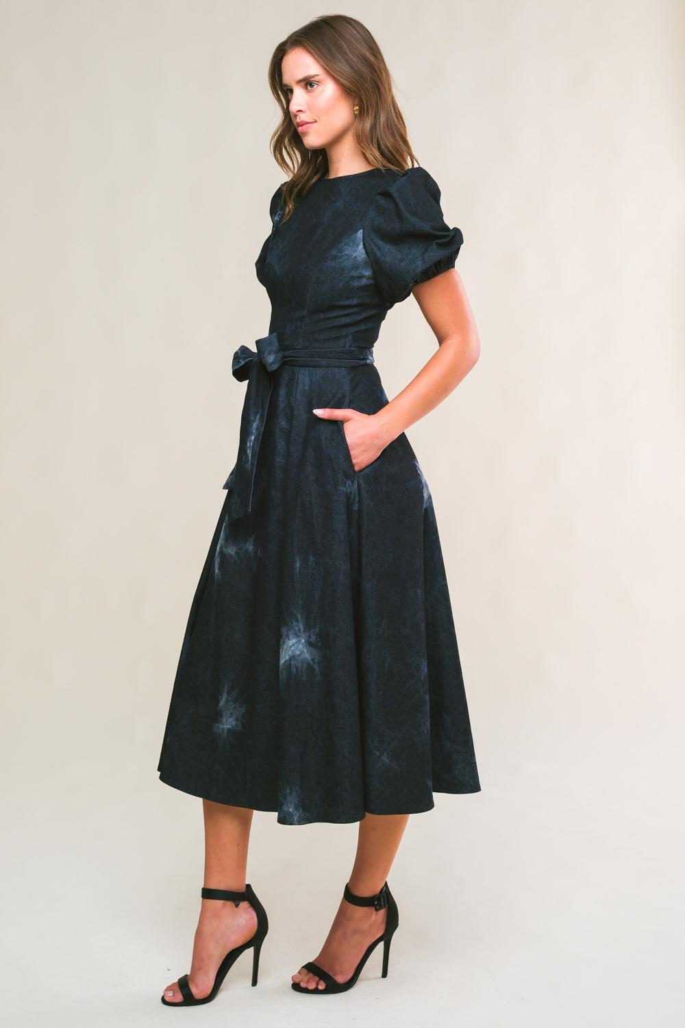 Garden Grace Twill Midi Dress in black denim, view 3 — Soul Flow Apparel