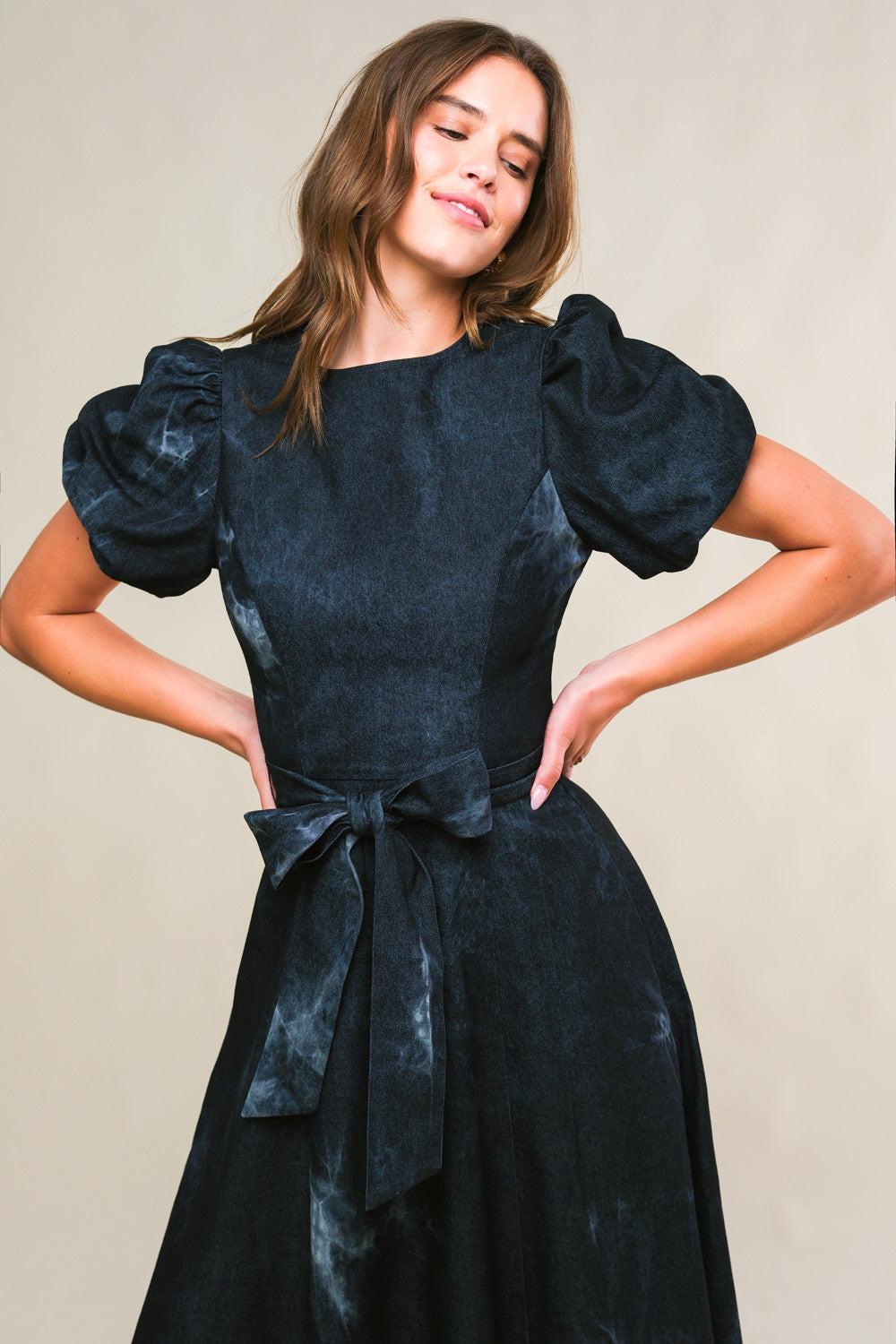 Garden Grace Twill Midi Dress in black denim, view 4 — Soul Flow Apparel