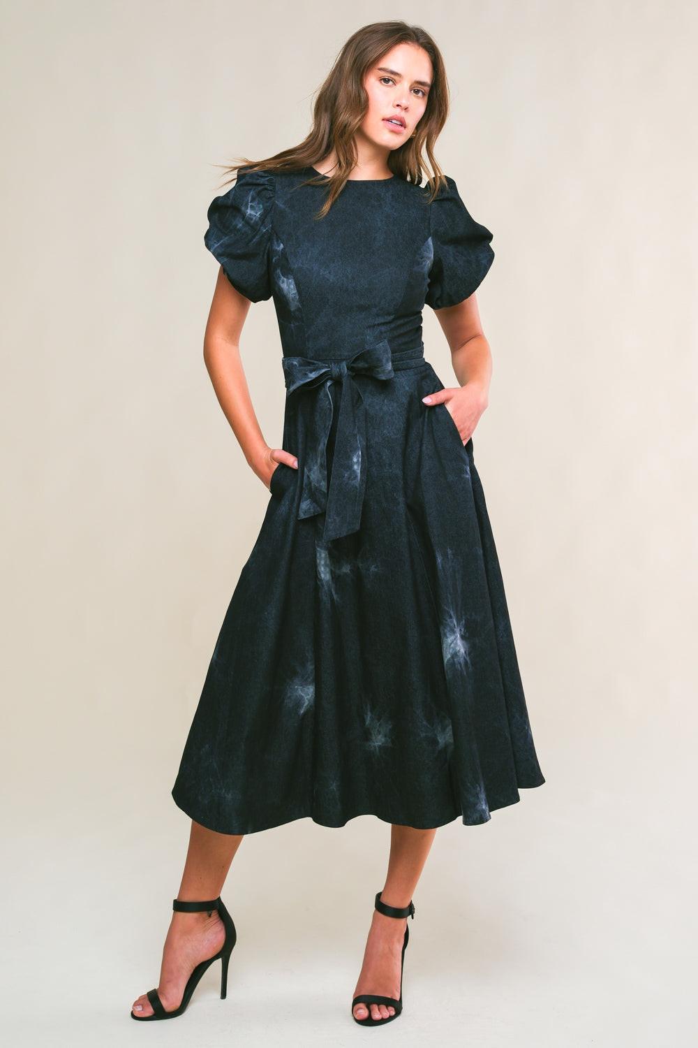 Garden Grace Twill Midi Dress in black denim, view 5 — Soul Flow Apparel