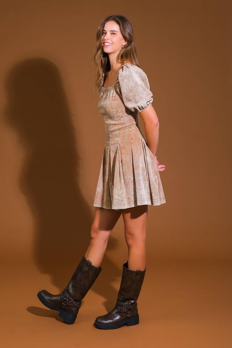 Urban Sophistication Twill Mini Dress in brown, view 3 — Soul Flow Apparel