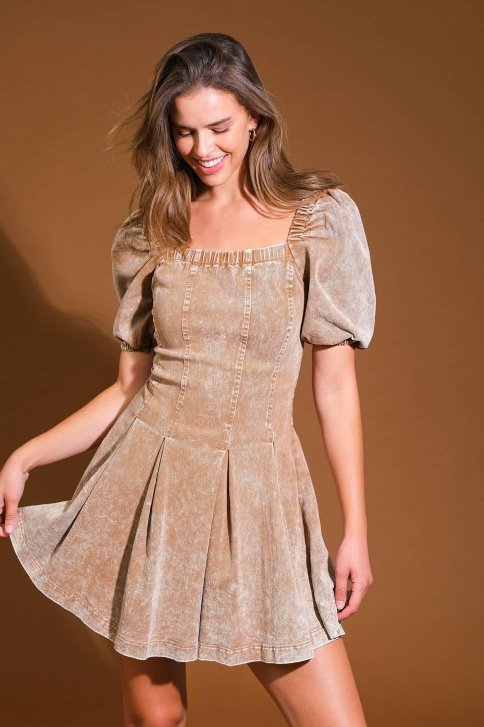 Urban Sophistication Twill Mini Dress in brown, view 4 — Soul Flow Apparel