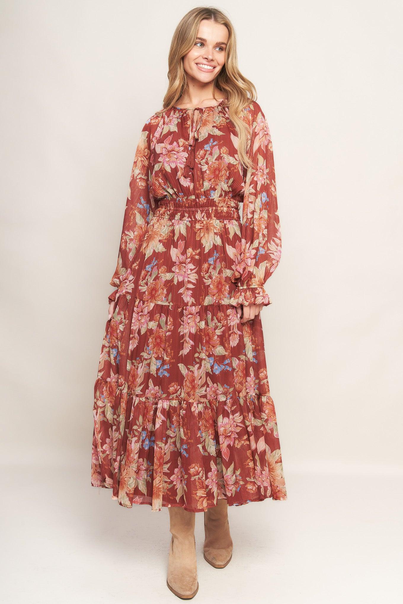 Forest Park Woven Midi Dress in brown, view 1 — Soul Flow Apparel