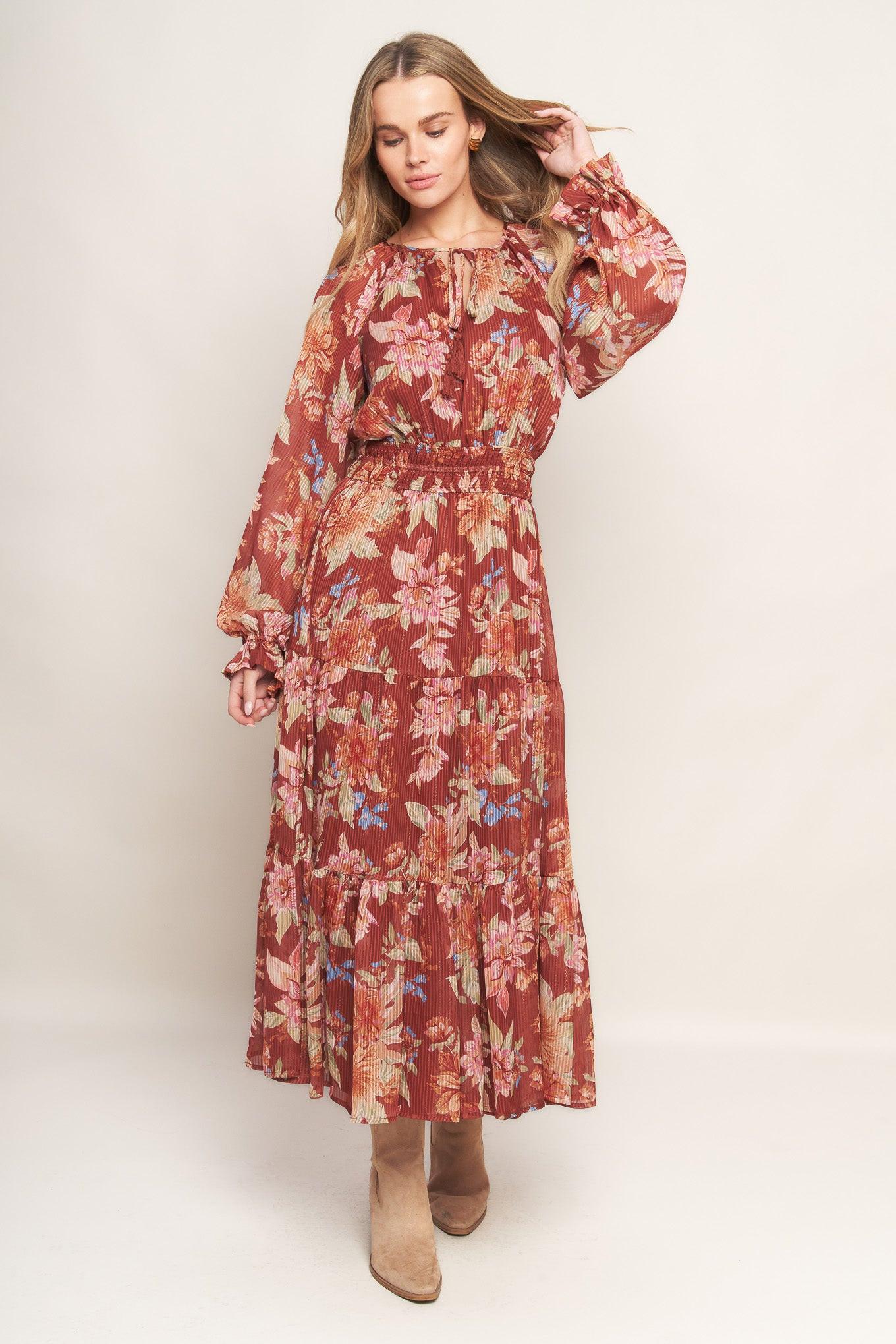 Forest Park Woven Midi Dress in brown, view 2 — Soul Flow Apparel