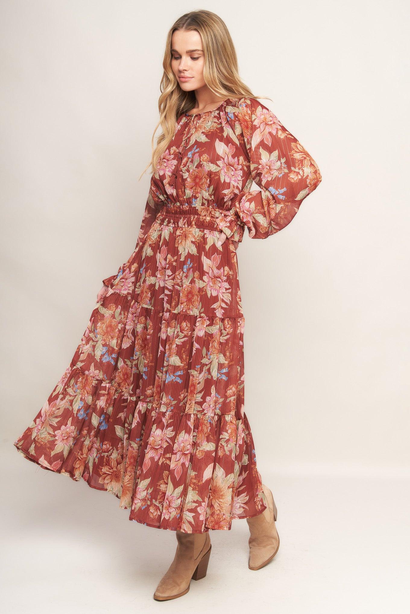 Forest Park Woven Midi Dress in brown, view 3 — Soul Flow Apparel