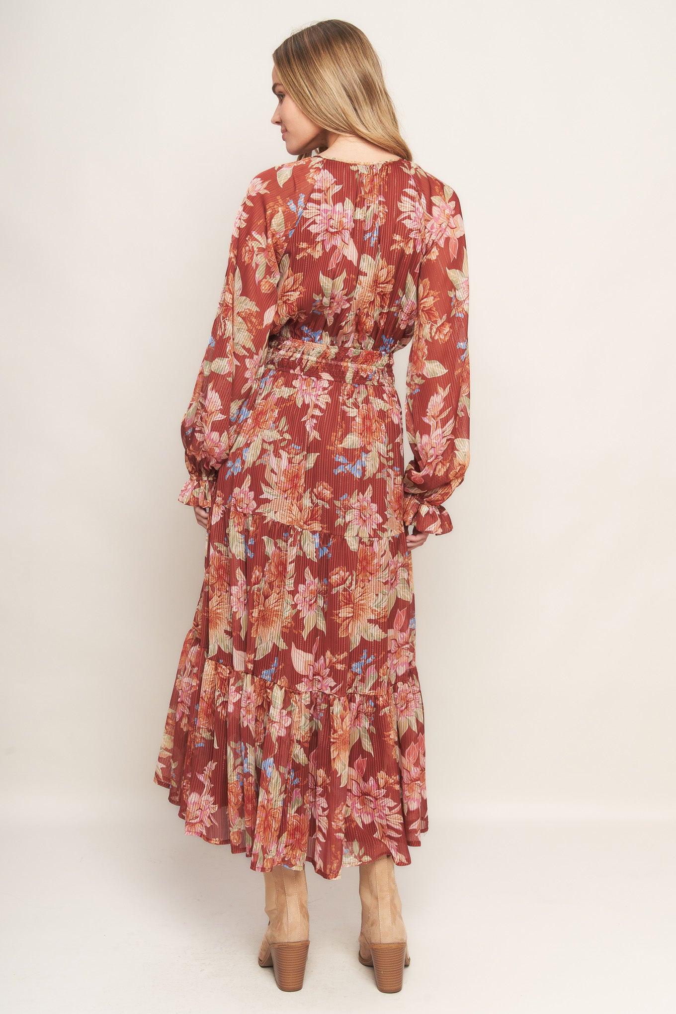 Forest Park Woven Midi Dress in brown, view 4 — Soul Flow Apparel