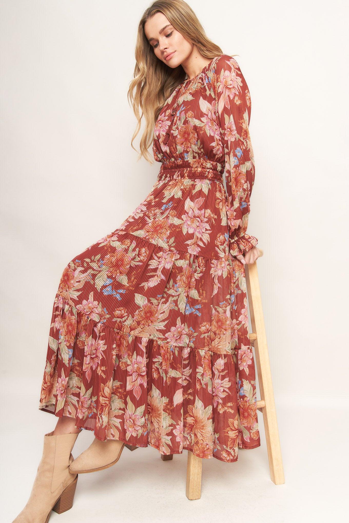 Forest Park Woven Midi Dress in brown, view 7 — Soul Flow Apparel