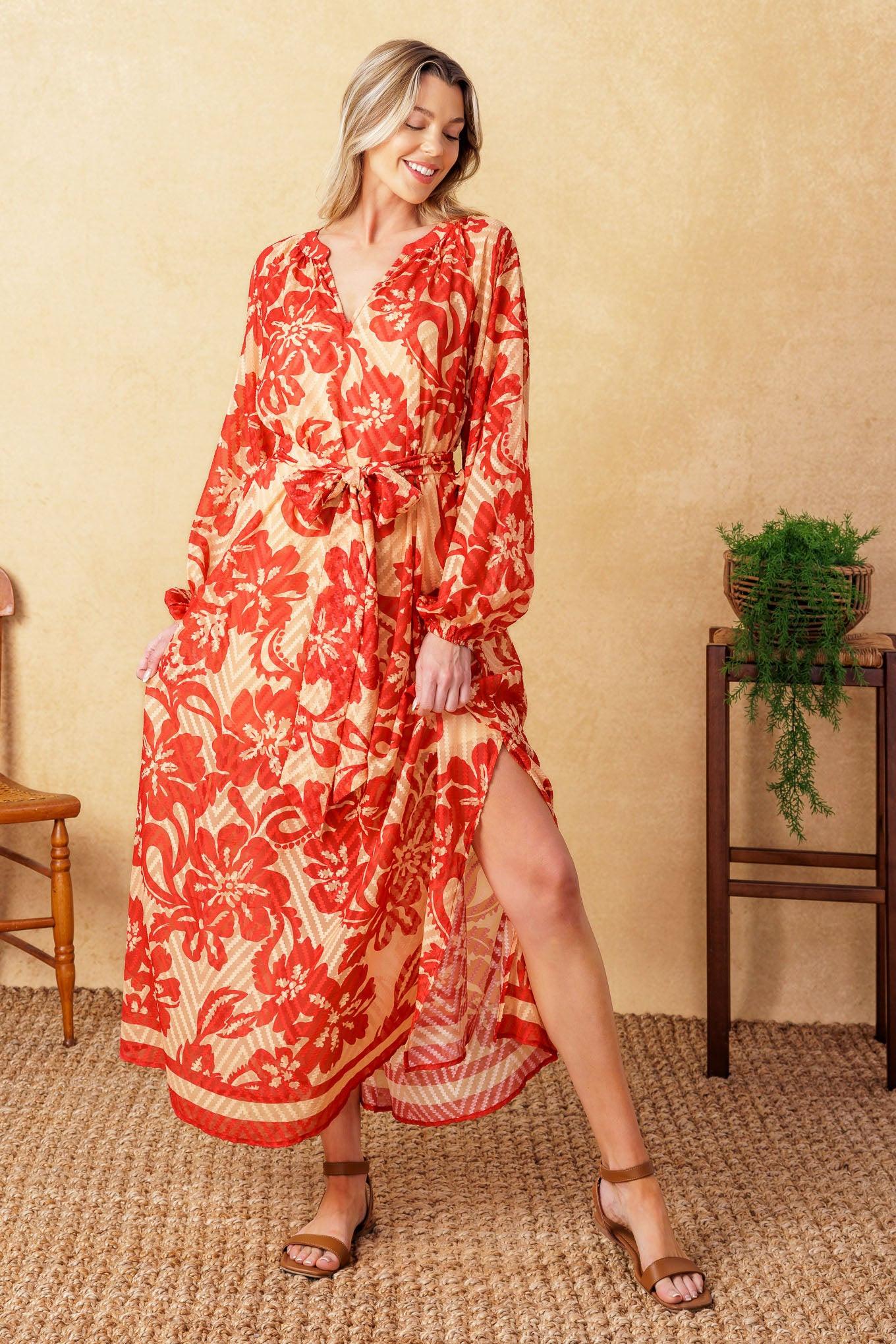 Back in Action Woven Midi Dress in taupe red, view 1 — Soul Flow Apparel