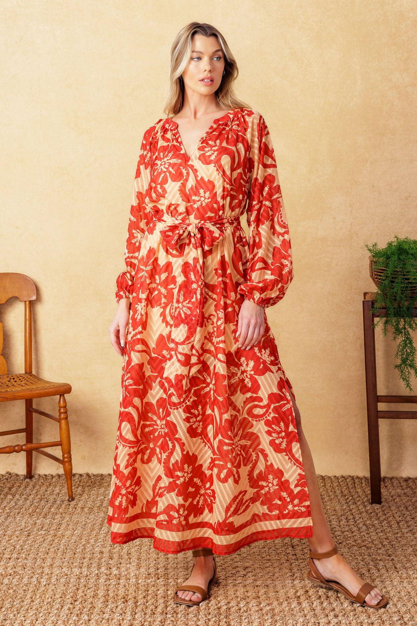 Back in Action Woven Midi Dress in taupe red, view 2 — Soul Flow Apparel