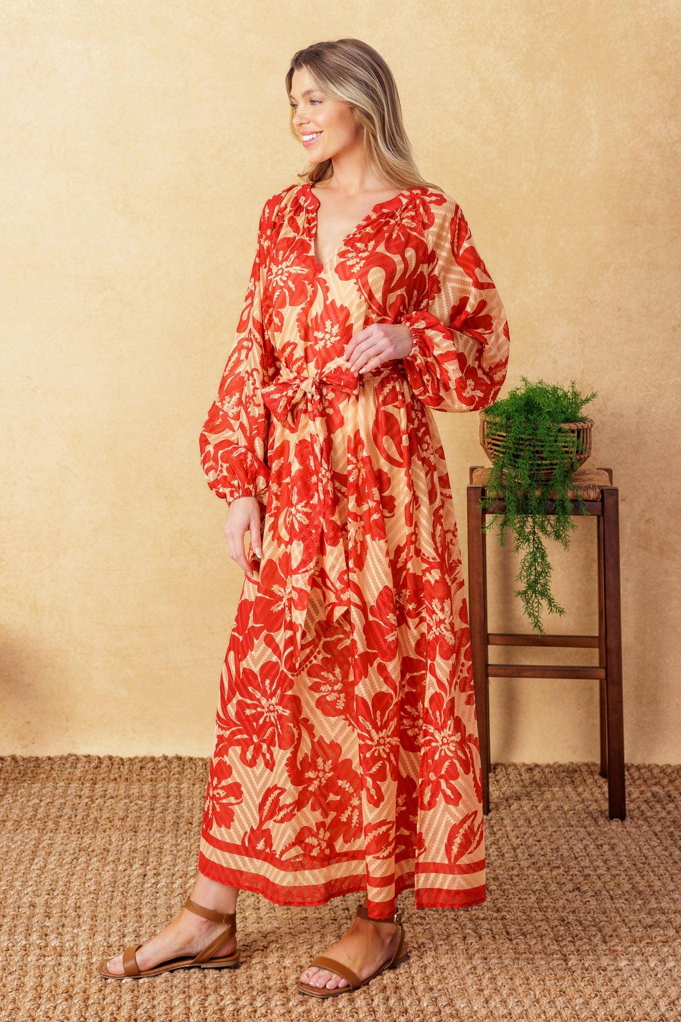 Back in Action Woven Midi Dress in taupe red, view 3 — Soul Flow Apparel