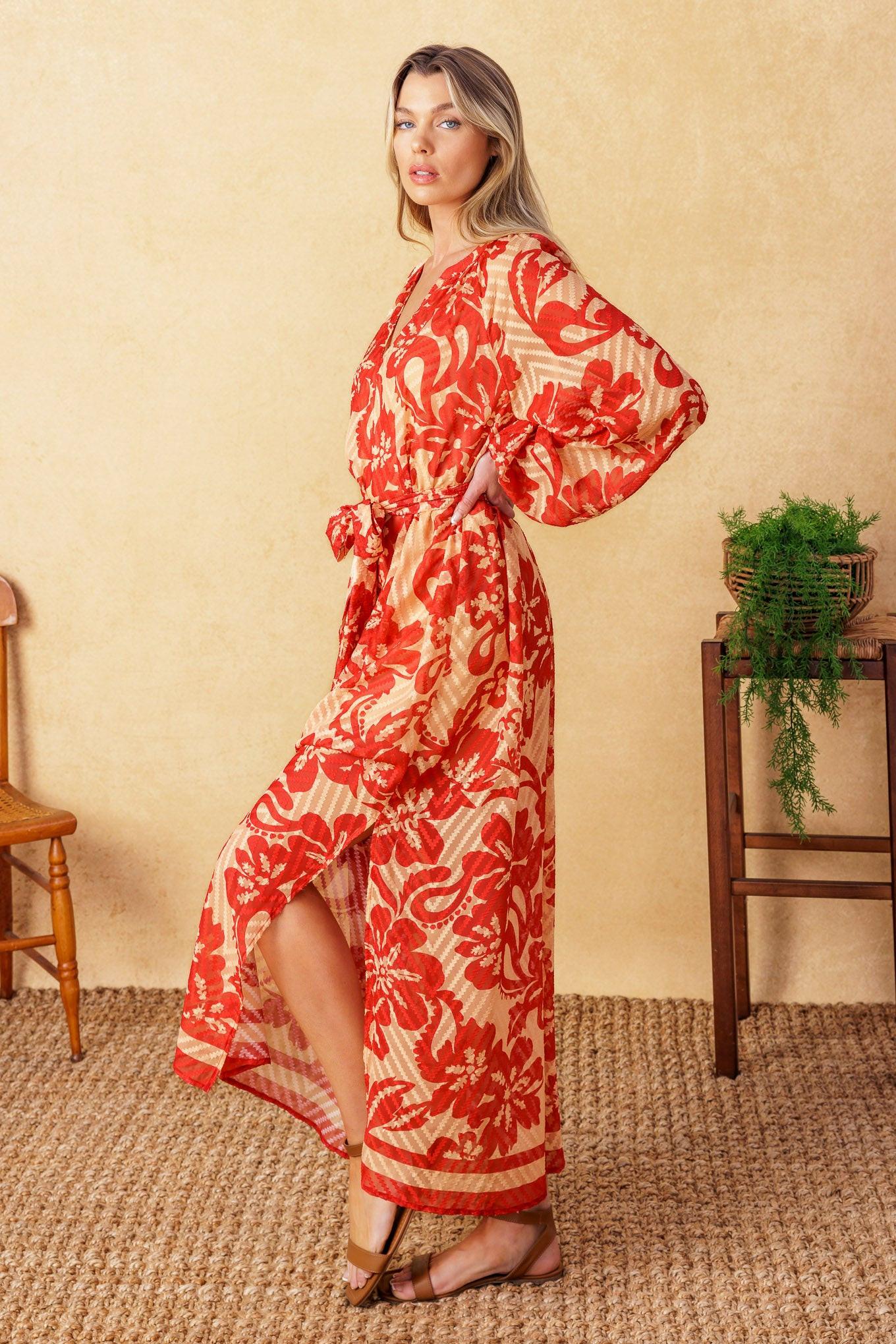 Back in Action Woven Midi Dress in taupe red, view 4 — Soul Flow Apparel