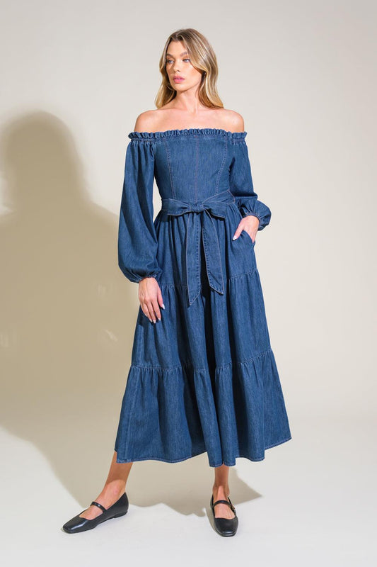 Artistic Impulse Denim Midi Dress in medium indigo, view 1 — Soul Flow Apparel