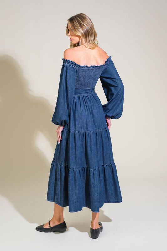 Artistic Impulse Denim Midi Dress in medium indigo, view 2 — Soul Flow Apparel