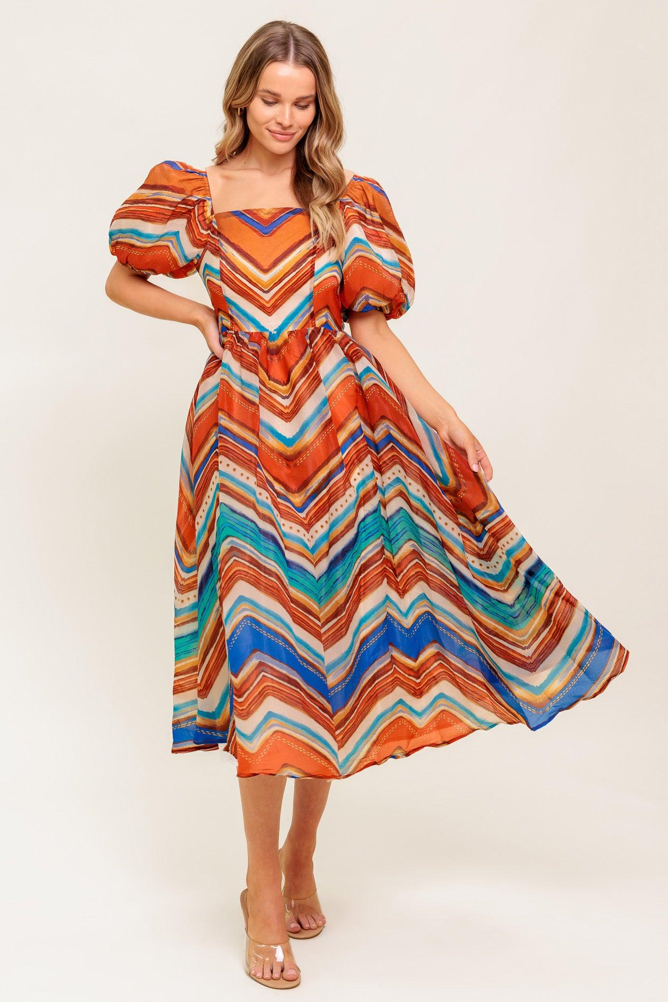 Bright Personality Woven Midi Dress in rust blue, view 1 — Soul Flow Apparel