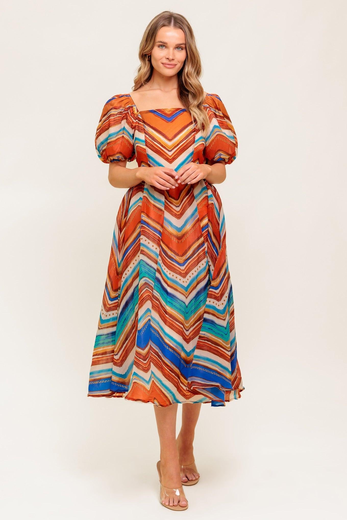 Bright Personality Woven Midi Dress in rust blue, view 2 — Soul Flow Apparel