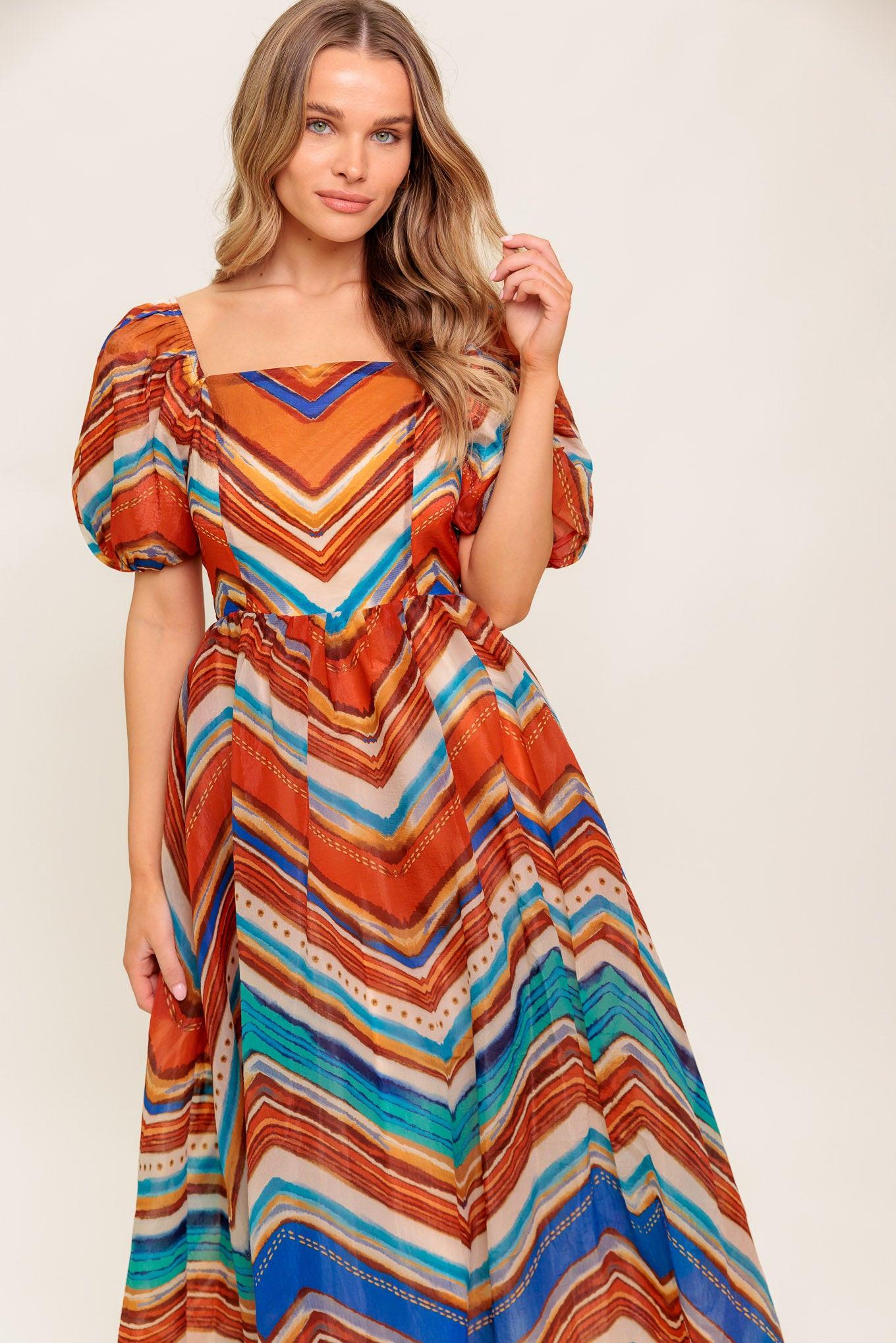 Bright Personality Woven Midi Dress in rust blue, view 3 — Soul Flow Apparel
