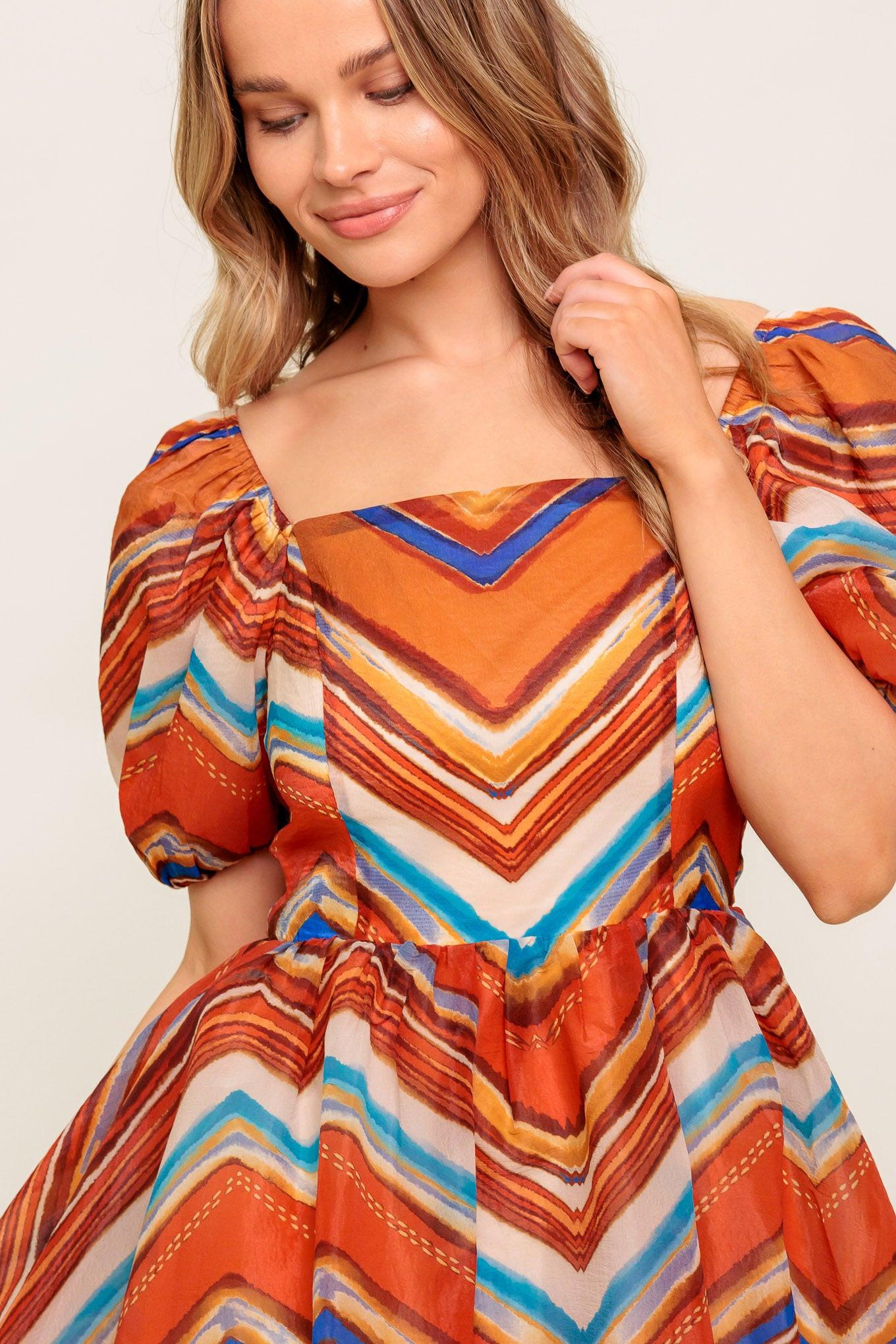 Bright Personality Woven Midi Dress in rust blue, view 4 — Soul Flow Apparel