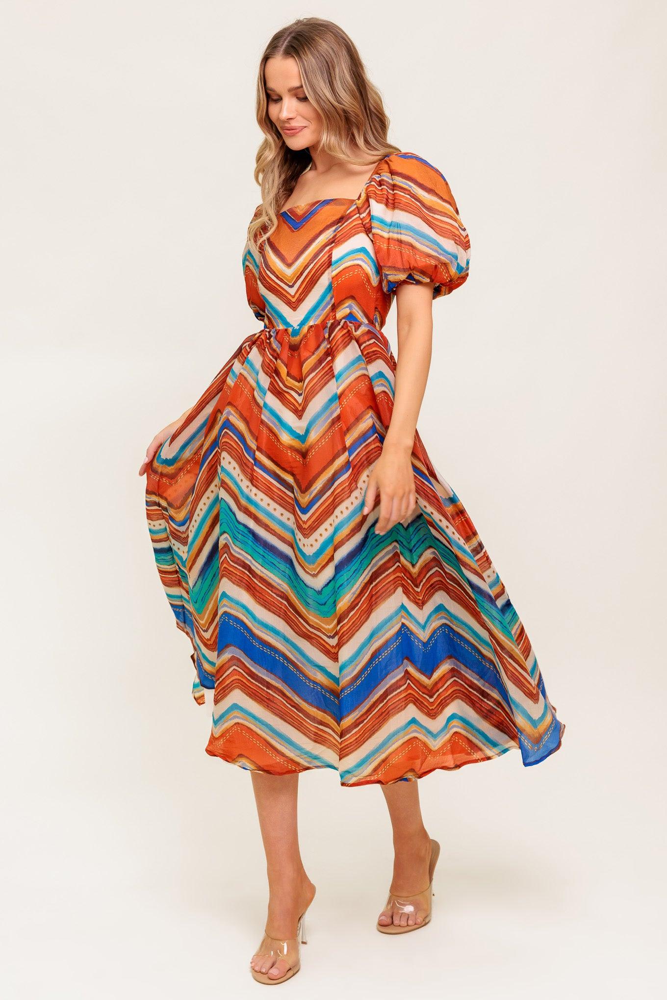 Bright Personality Woven Midi Dress in rust blue, view 5 — Soul Flow Apparel