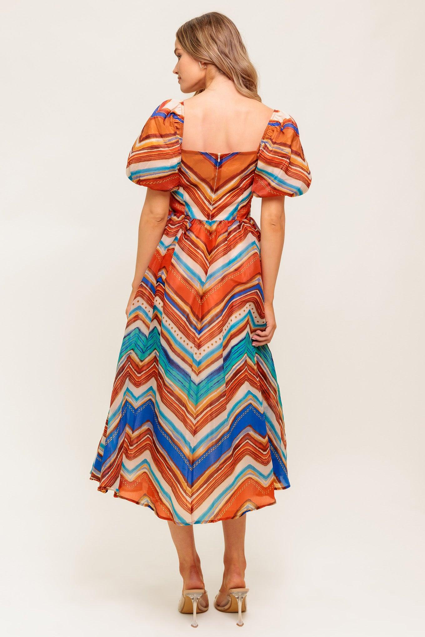 Bright Personality Woven Midi Dress in rust blue, view 6 — Soul Flow Apparel