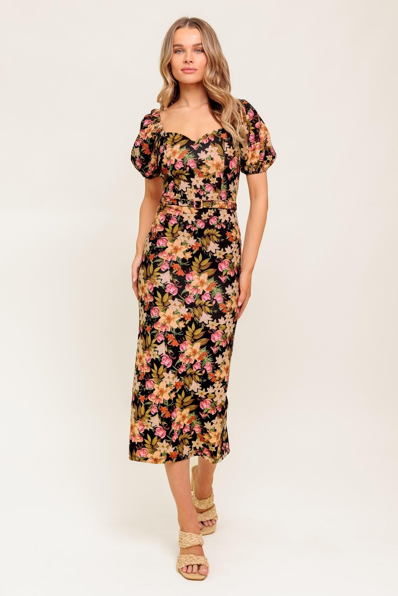 Sweet At Heart Woven Midi Dress in black, view 3 — Soul Flow Apparel
