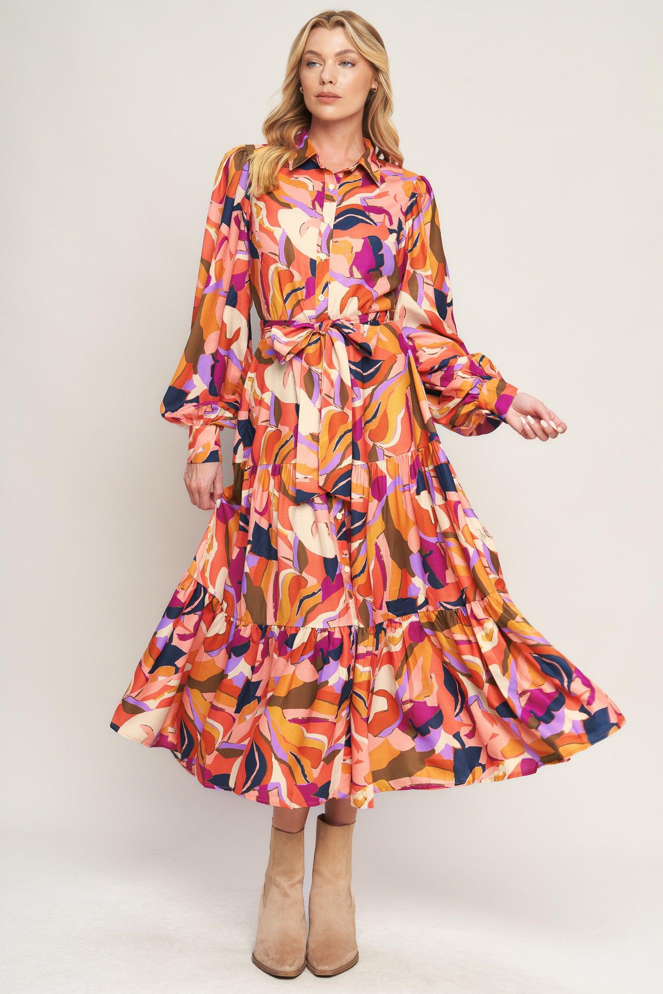Rosewood Romance Woven Midi Dress in peach rust, view 2 — Soul Flow Apparel