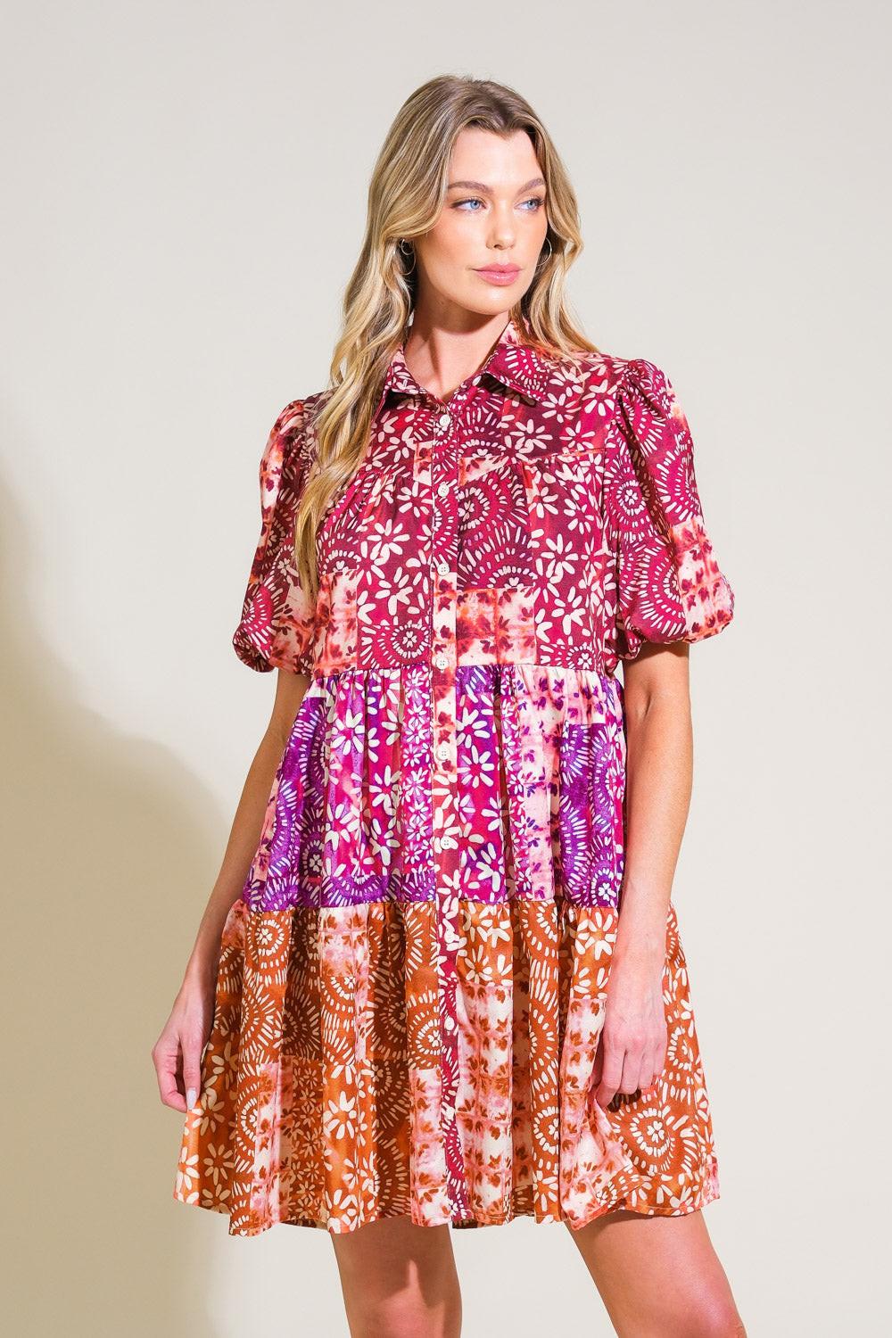 Keep It Interesting Woven Mini Dress in burgundy rust, view 1 — Soul Flow Apparel