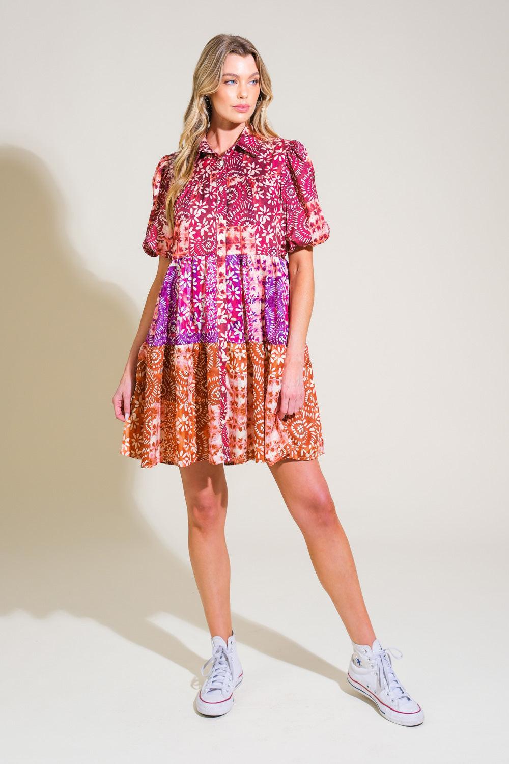 Keep It Interesting Woven Mini Dress in burgundy rust, view 5 — Soul Flow Apparel