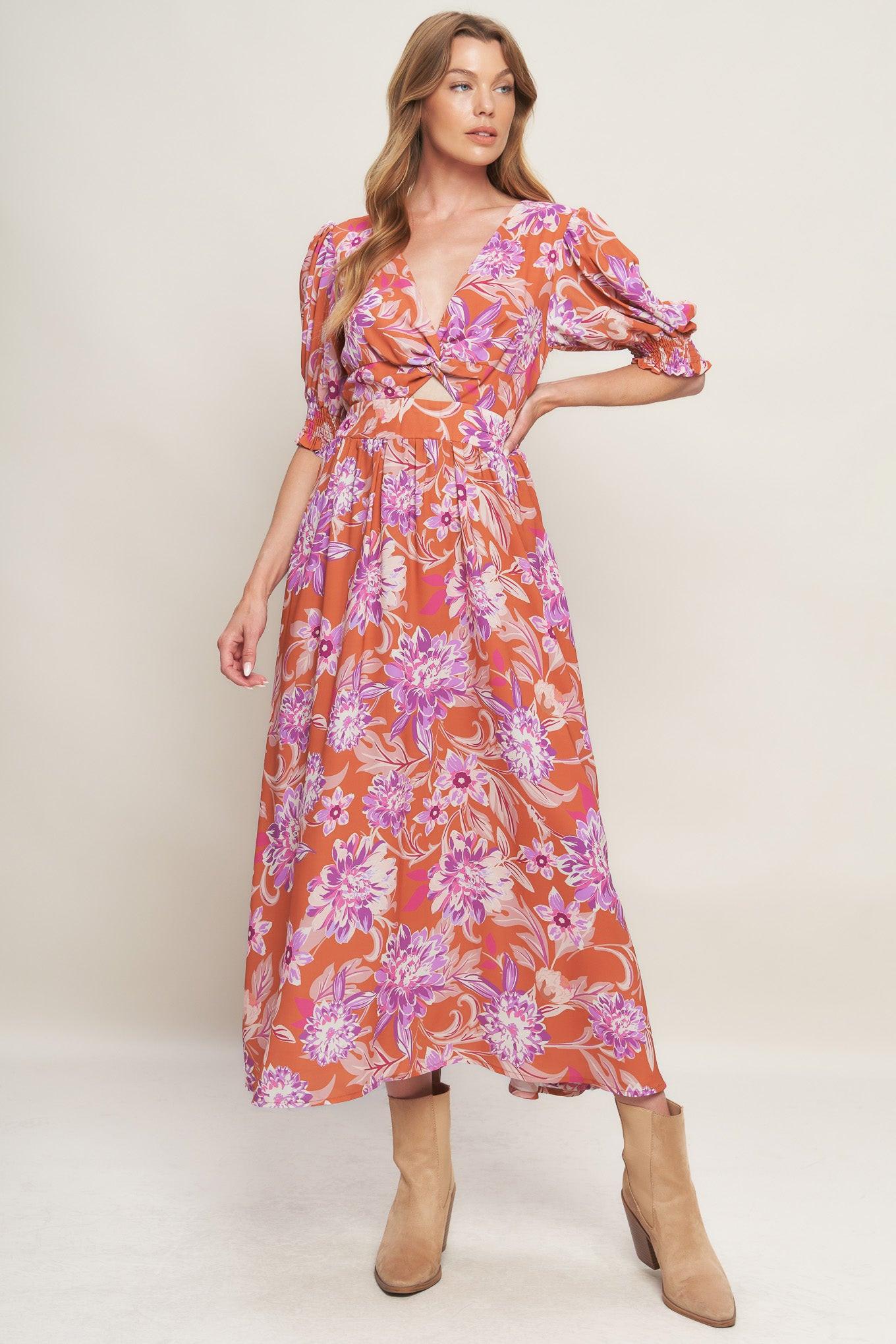 Meadow Serenade Woven Midi Dress in rust, view 1 — Soul Flow Apparel