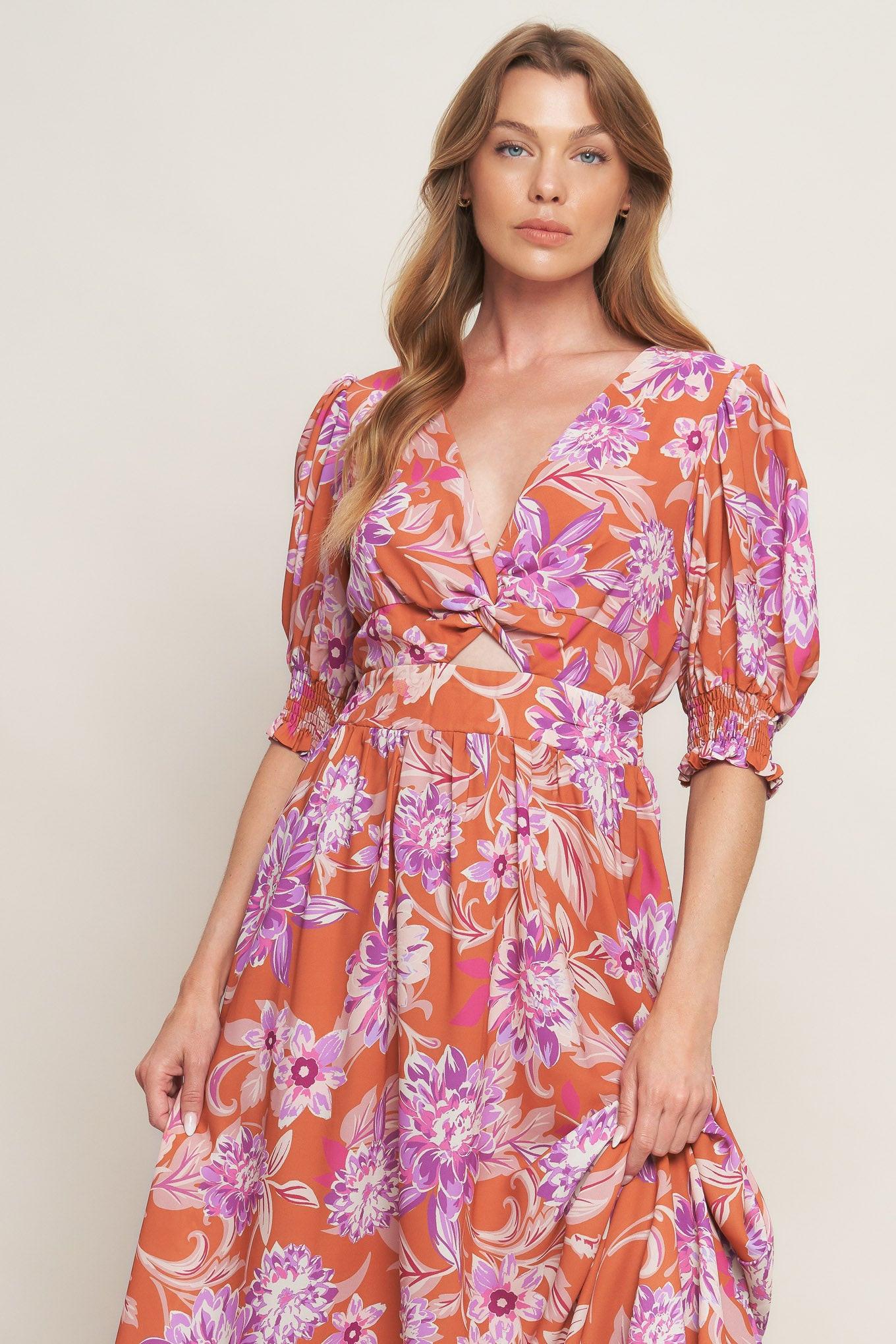 Meadow Serenade Woven Midi Dress in rust, view 2 — Soul Flow Apparel