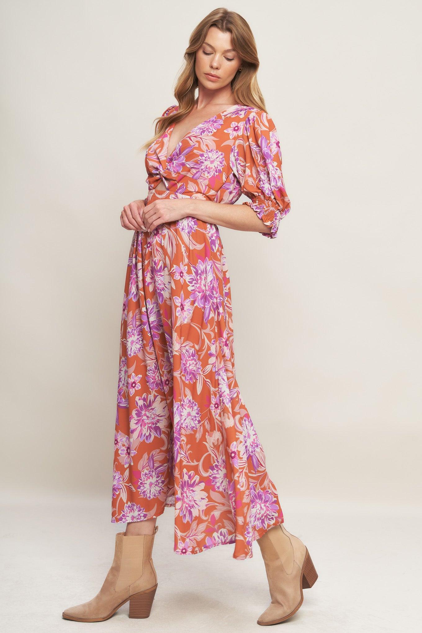 Meadow Serenade Woven Midi Dress in rust, view 3 — Soul Flow Apparel