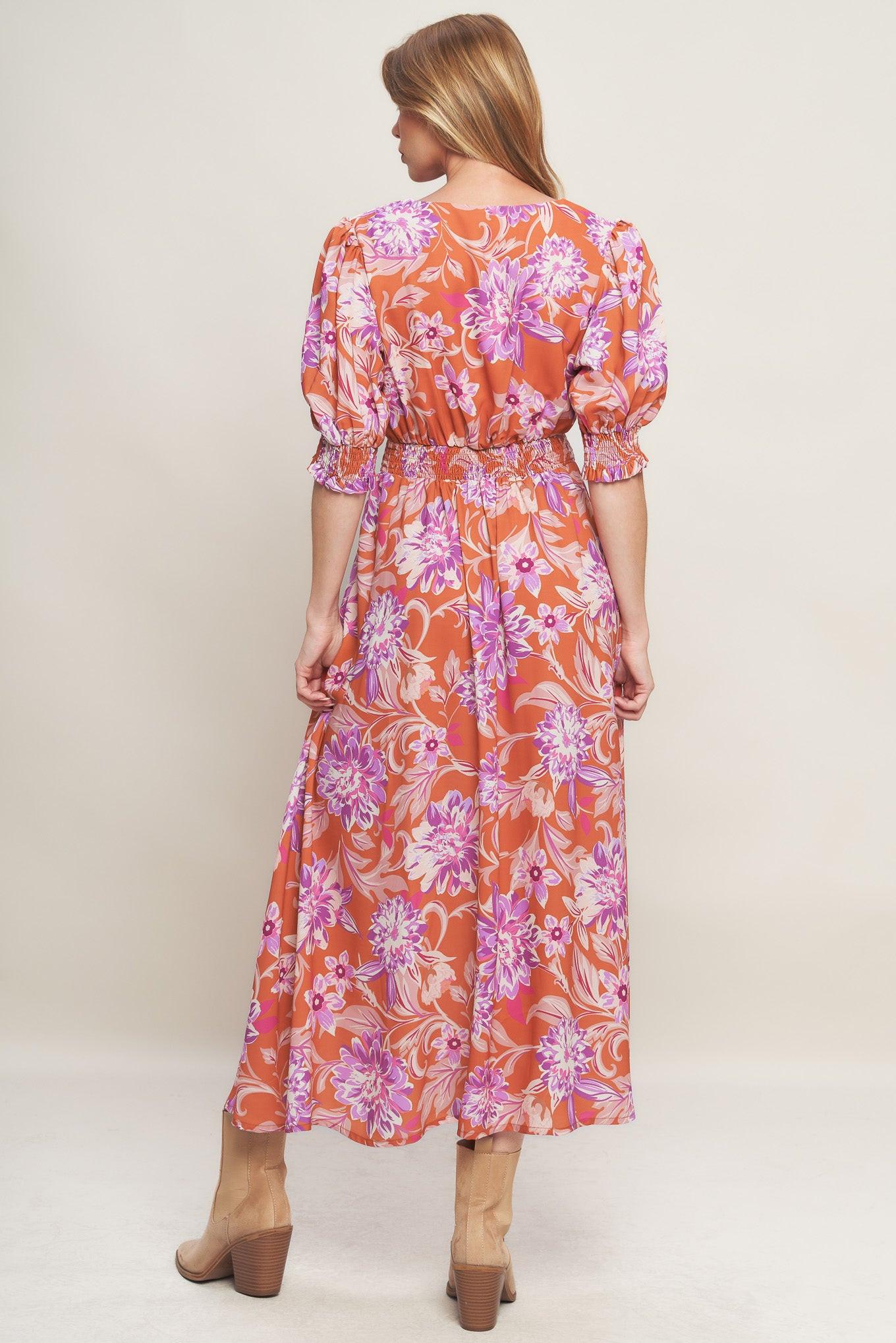 Meadow Serenade Woven Midi Dress in rust, view 4 — Soul Flow Apparel