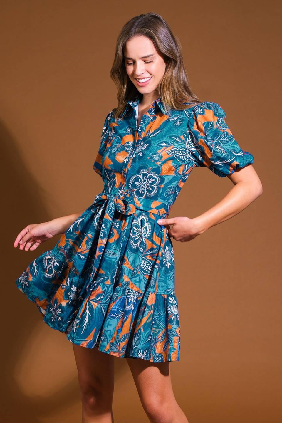 Flower Girl Woven Mini Dress in blue brown, view 1 — Soul Flow Apparel