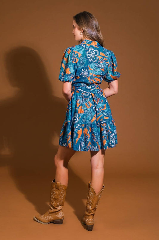 Flower Girl Woven Mini Dress in blue brown, view 2 — Soul Flow Apparel