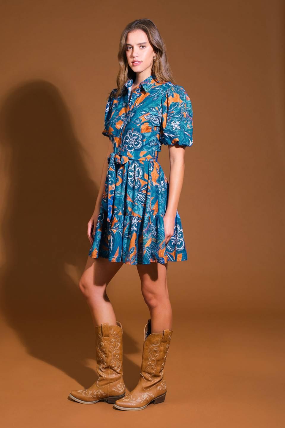 Flower Girl Woven Mini Dress in blue brown, view 3 — Soul Flow Apparel