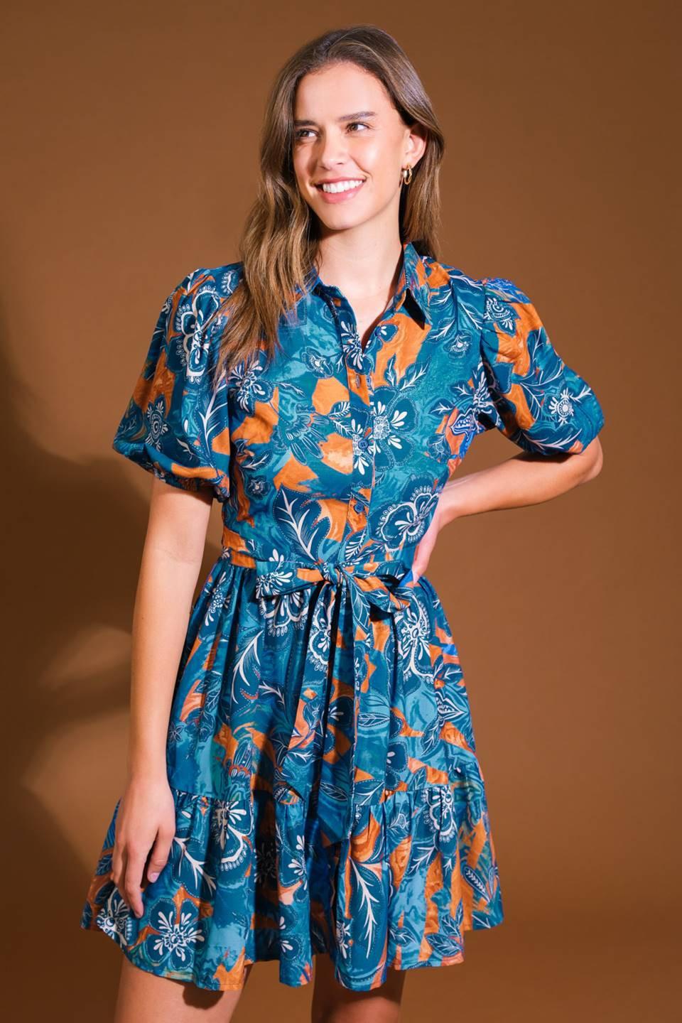 Flower Girl Woven Mini Dress in blue brown, view 4 — Soul Flow Apparel