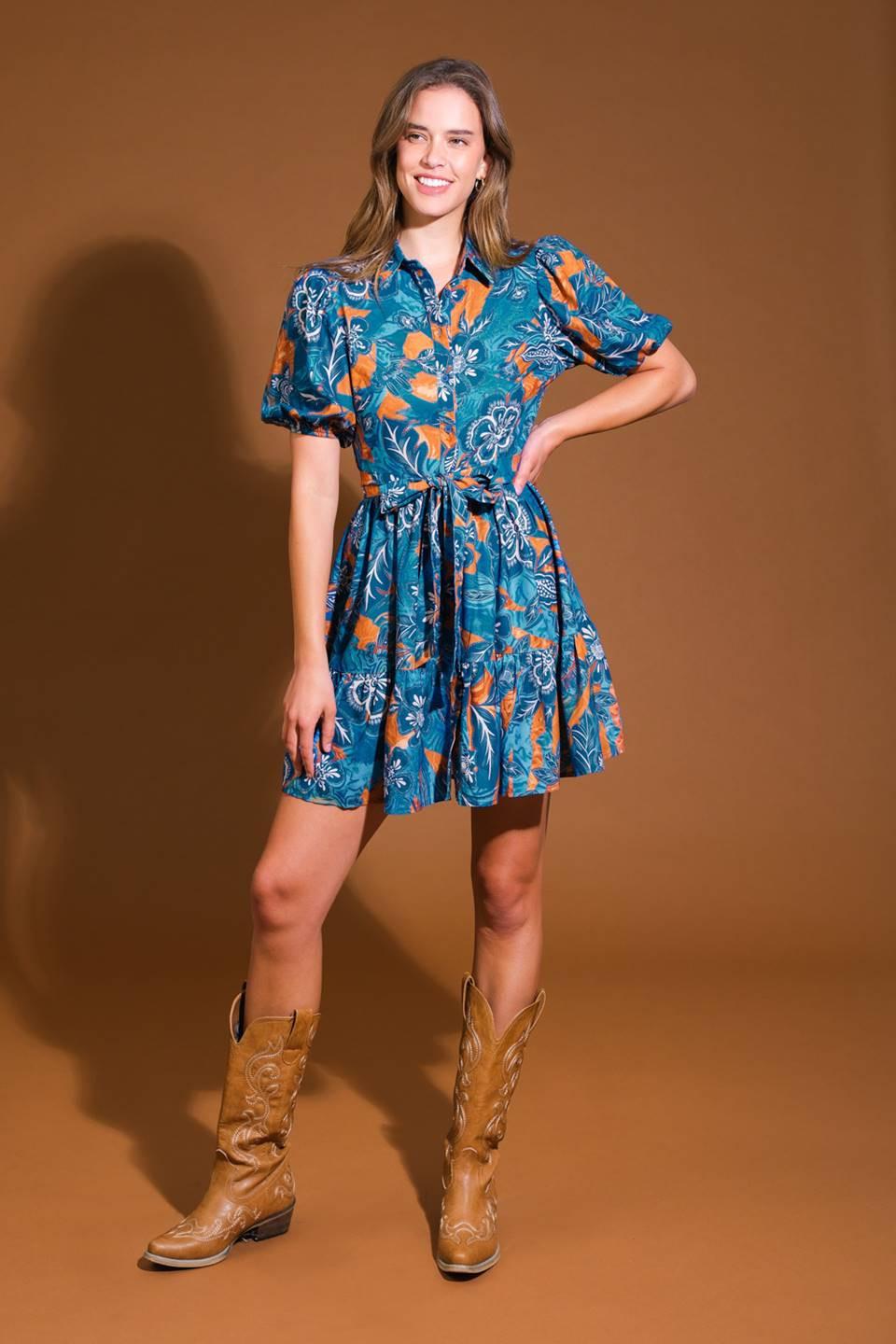 Flower Girl Woven Mini Dress in blue brown, view 6 — Soul Flow Apparel