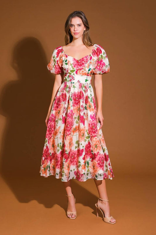 Floral Reverie Woven Midi Dress in ivory, view 1 — Soul Flow Apparel