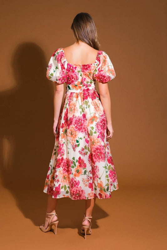 Floral Reverie Woven Midi Dress in ivory, view 2 — Soul Flow Apparel