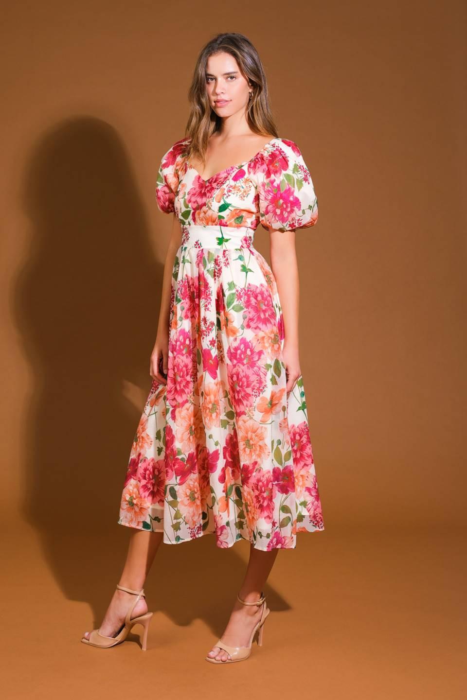 Floral Reverie Woven Midi Dress in ivory, view 3 — Soul Flow Apparel